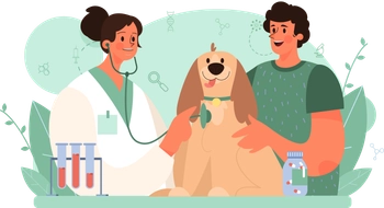 Cartoon depicting a veterinarian examining a dog with the owner holding the dog